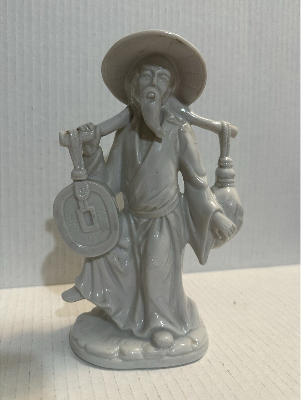 Vintage White Porcelain Old Man Farmer Carrying Treasure Figurine Japan